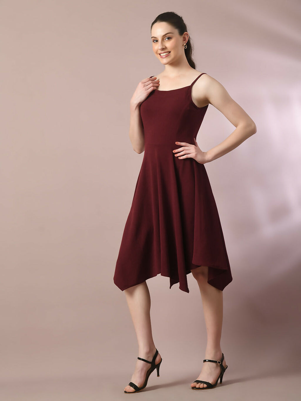 Myshka Women's Maroon Solid Shoulder Straps Fit and Flare Party Dress | Grocsy