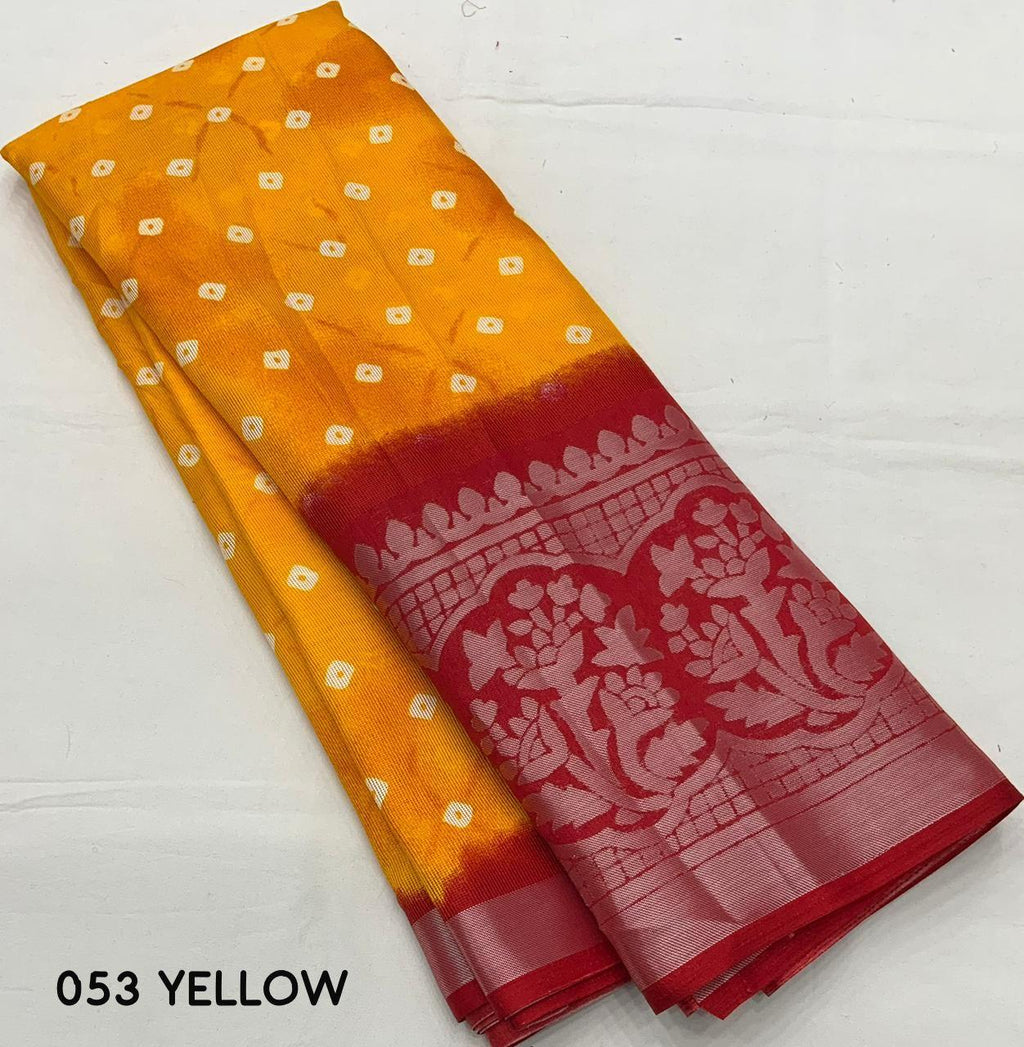Yellow Jute Silk Printed Saree with Unstitched Blouse - Hiral Fashion | Grocsy