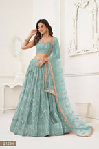Aastha Fashion Ocean Blue Butterfly Net Tone To Tone Thread Work, Sequence Work And Original Mirror Work Embroidery Wedding Wear Lehenga Choli | Grocsy