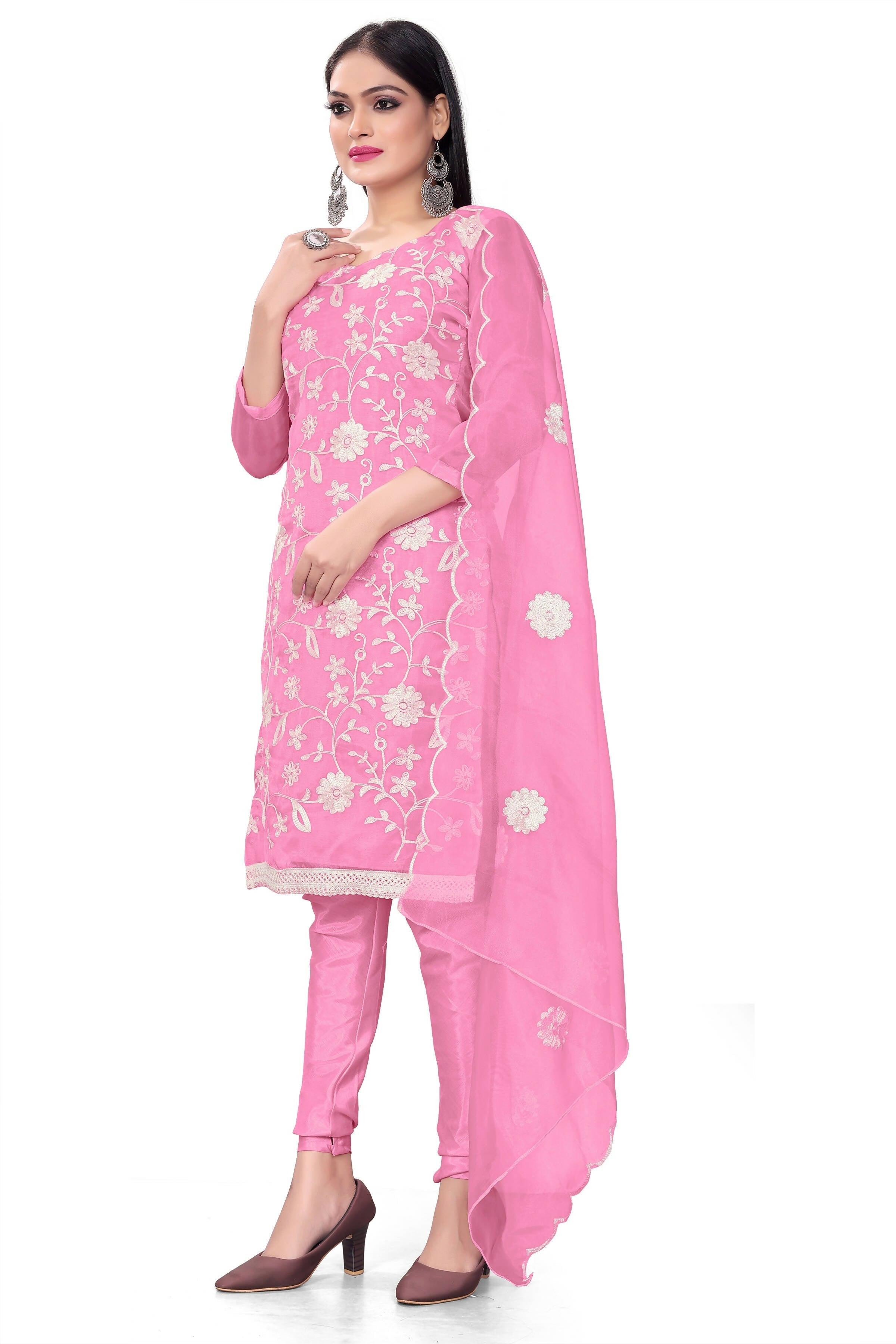 Pink Organza Silk Embroidered Work Unstitched Dress Material - Tanvi | Grocsy