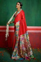 Joban Fashion Tushar Silk Red Colored With Zari Border Red Designer Pallu Saree | Grocsy