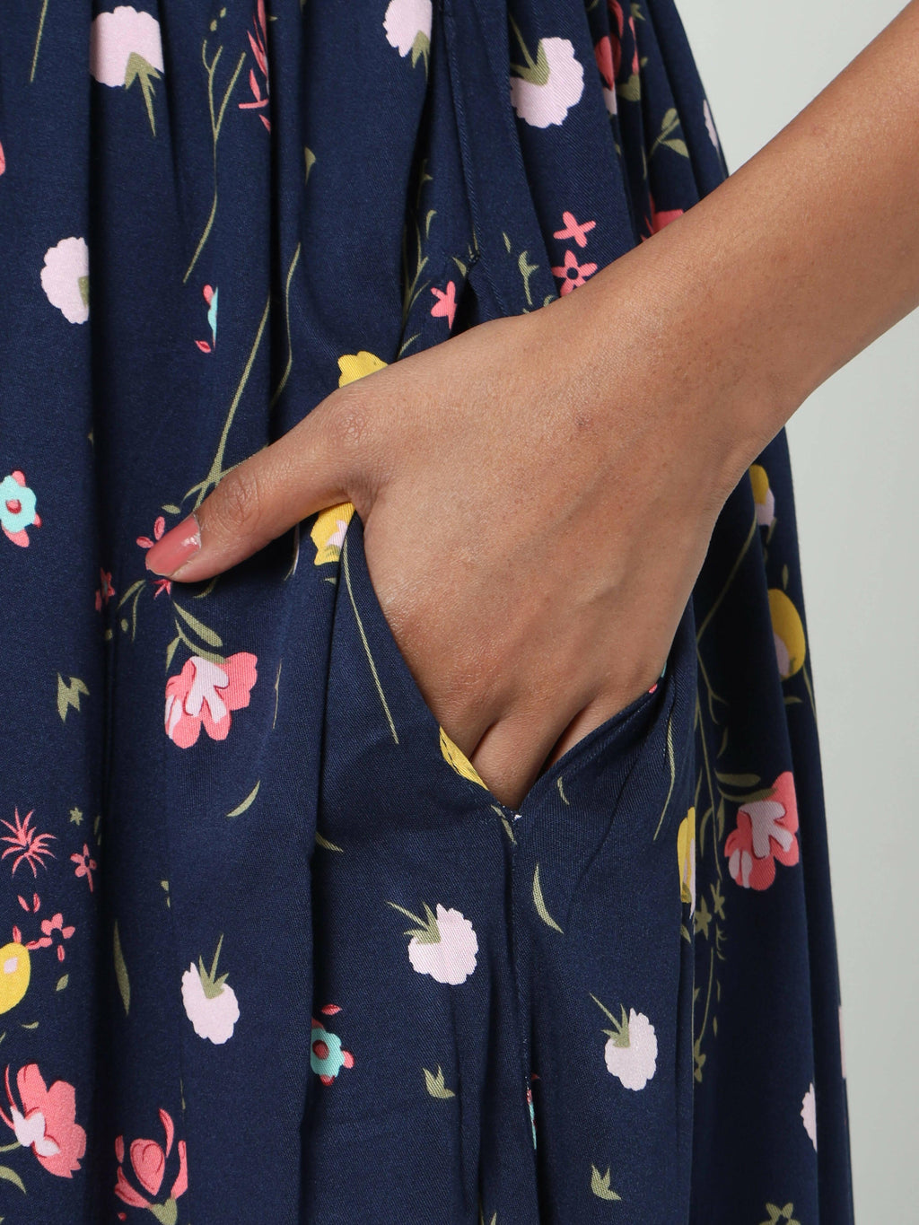Manet Three Fourth Maternity Dress Floral Print With Concealed Zipper Nursing Access - Navy Blue | Grocsy