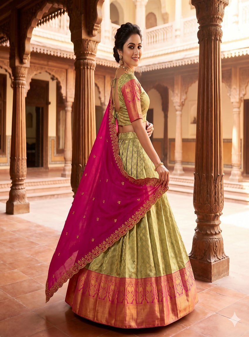 Teeya Creation Pista Green Jacquard Silk Traditional Lehenga Choli with Deep Magenta Dupatta | Grocsy