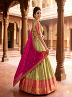 Teeya Creation Pista Green Jacquard Silk Traditional Lehenga Choli with Deep Magenta Dupatta | Grocsy