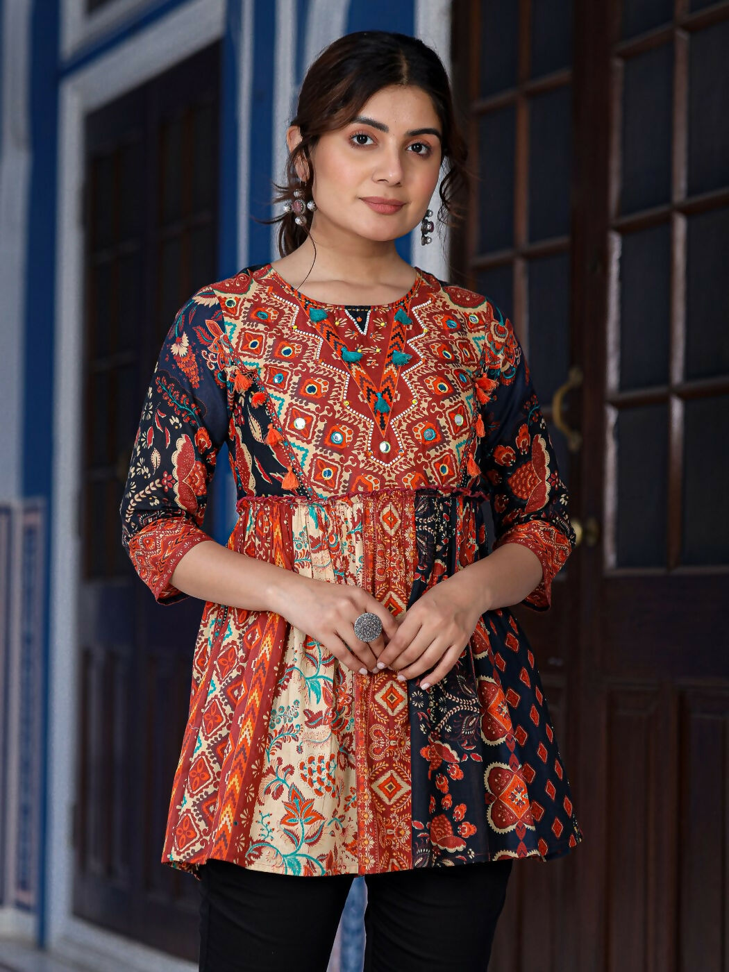 Juniper Women's Multi Colored Ethnic Motif Printed Cotton Peplum Tunic | Grocsy