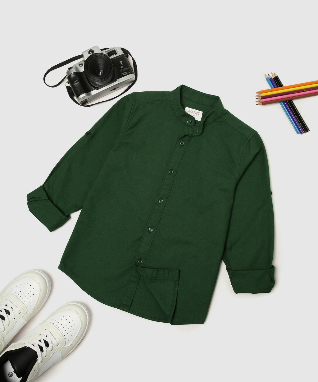 Manet Boys Mandarin Collar Full Sleeves Melange Shirt - Green | Grocsy