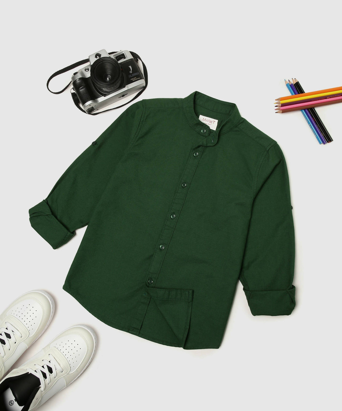 Manet Boys Mandarin Collar Full Sleeves Melange Shirt - Green | Grocsy