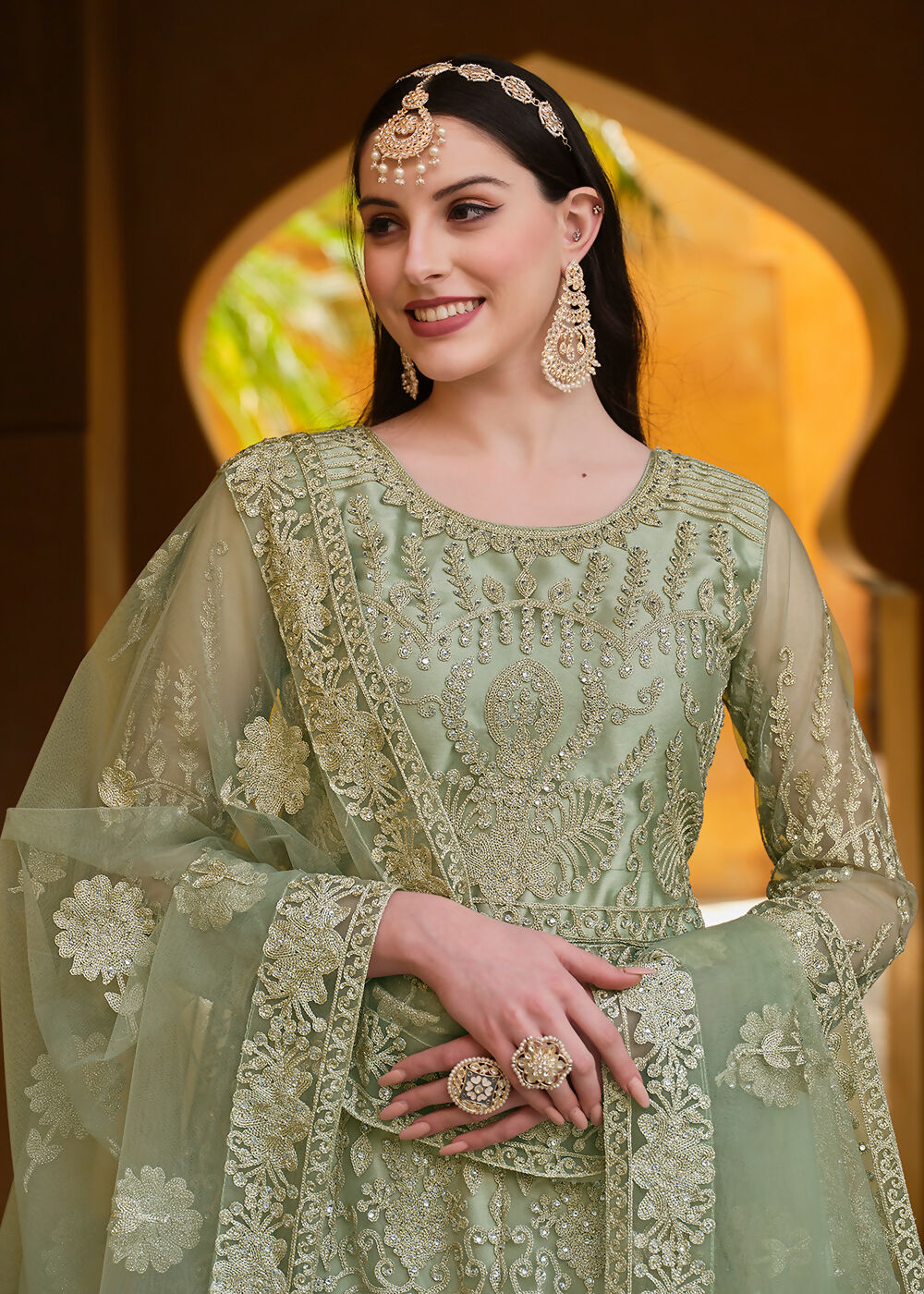 Pista Green Pure Butterfly Net Wedding Wear Anarkali Suit - Emponline | Grocsy