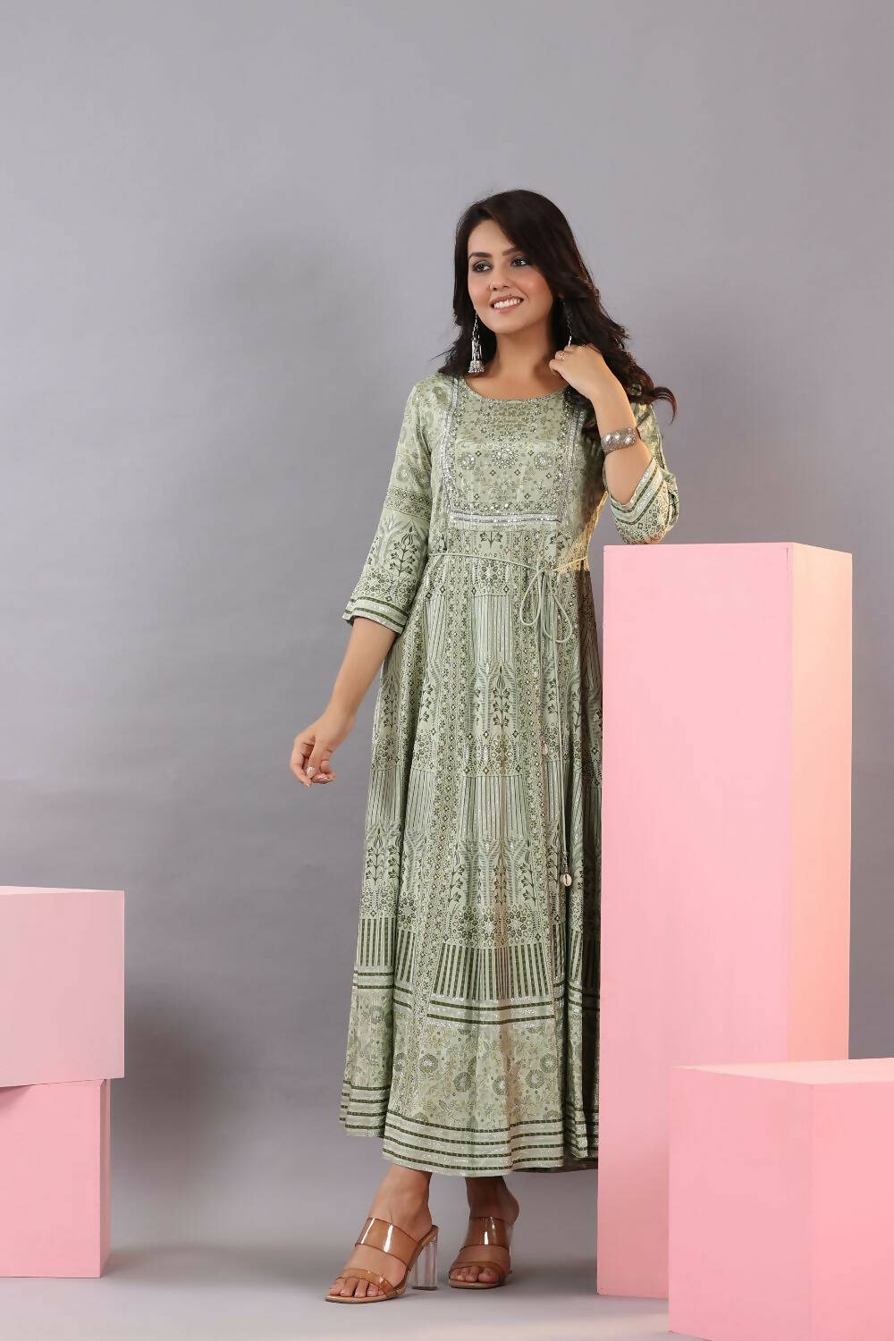 Juniper Women Olive Green Shantoon Floral Printed Maxi Dress | Grocsy