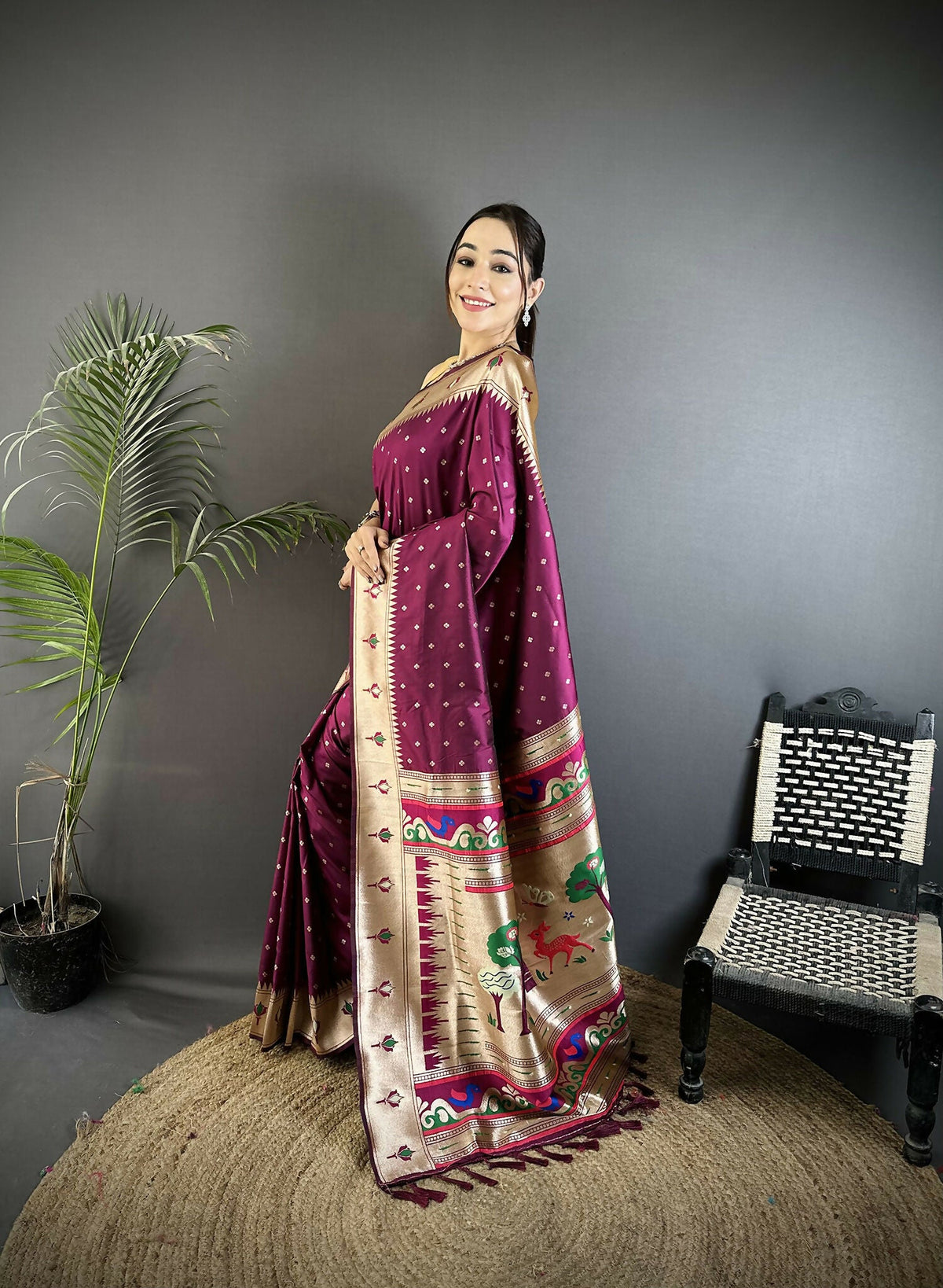 Joban Fashion Wine Peacock & Floral Motifs Soft Lichi Silk Kanchipuram Saree | Grocsy
