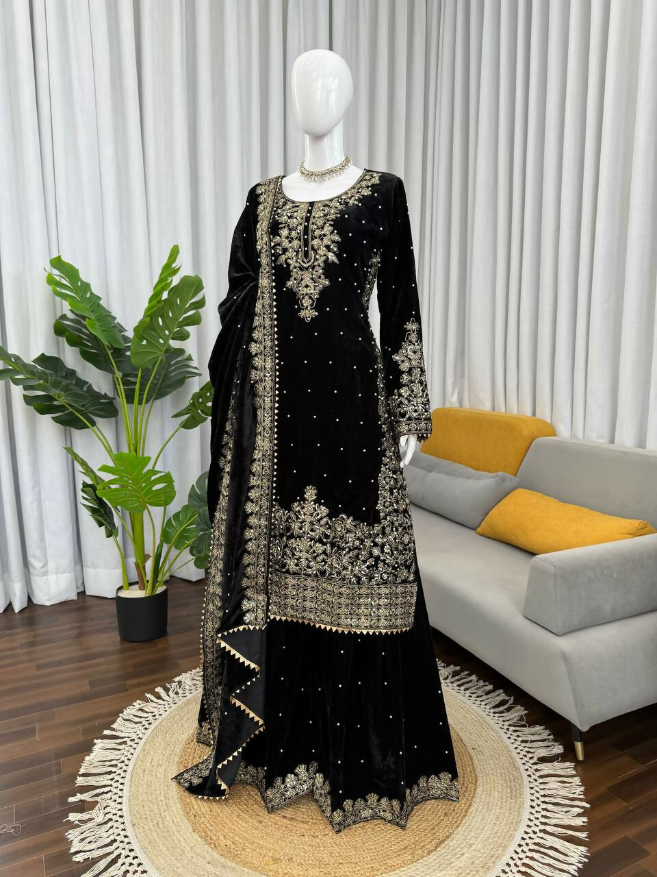 Vastranavya Black Viscose Velvet Cording Sequence With Moti Work Top-Bottom With Dupatta | Grocsy