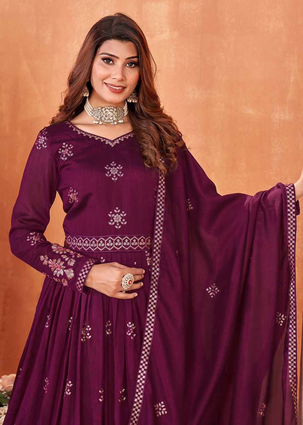 Wine Purple Festive Embroidered Art Silk Anarkali Suit - Emponline | Grocsy