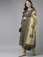 Yufta Women Green and Beige Floral Print Pure Cotton Kurta with Palazzo and Dupatta | Grocsy