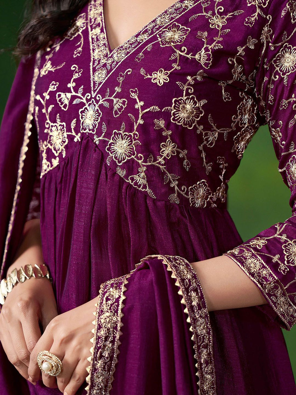 Sangria Floral Embroidered A-Line Kurta & Trousers With Dupatta | Grocsy