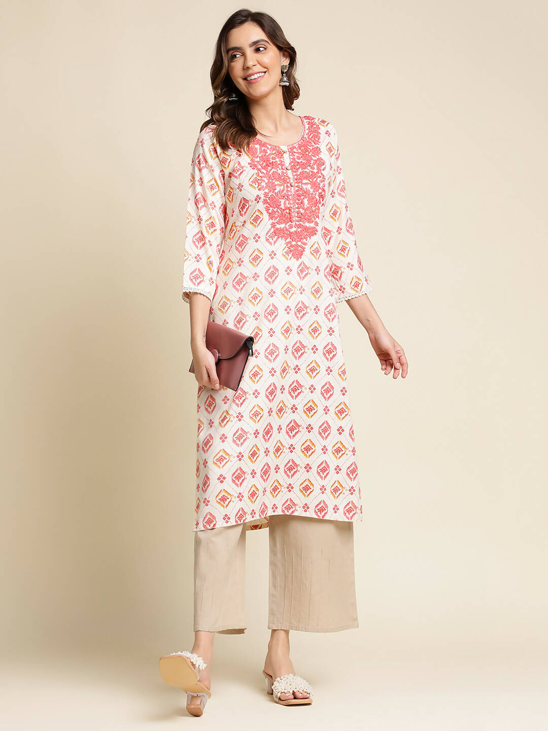 Red Poly Rayon Aztec Printed Straight Fit Kurta - Prasuti | Grocsy