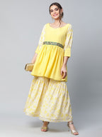 Ahalyaa Women Yellow Crepe Floral Short Kurta with Sharara Set | Grocsy