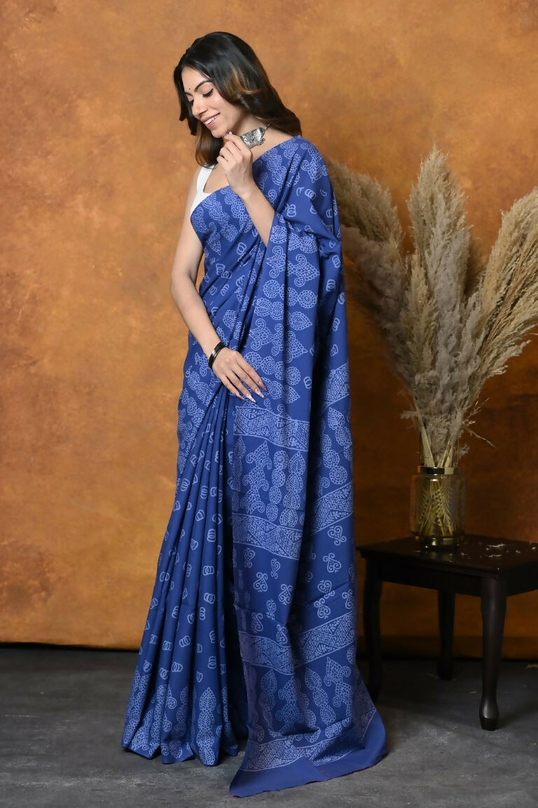 Very Much Indian Handblock Printed Cotton Saree With Natural Dyes - Indigo Blue | Grocsy