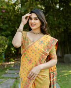 Vastranavya Luxury and Beautiful Soft, Smooth, Flowing Original Pashmina Soft Cotton Saree with Matching Blouse Fabric - Yellow | Grocsy