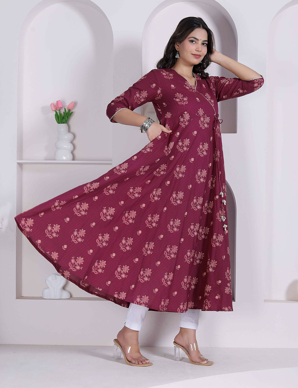 Miravan Womens Maroon Floral Printed Angrakha Style Kurta | Grocsy