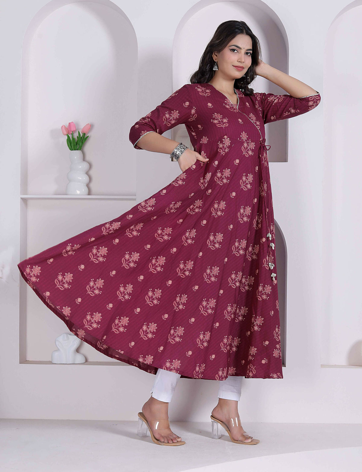 Miravan Womens Maroon Floral Printed Angrakha Style Kurta | Grocsy