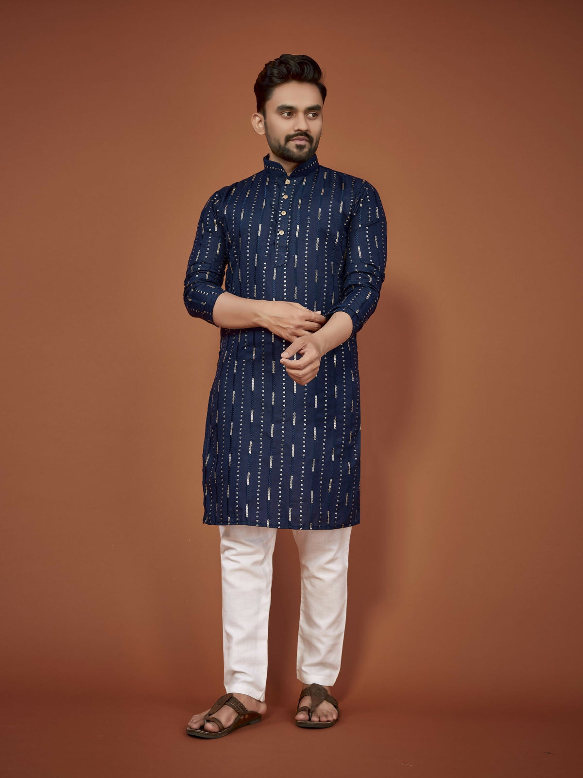 Anaita Navy Blue Embroidered Cotton Straight Kurta | Grocsy