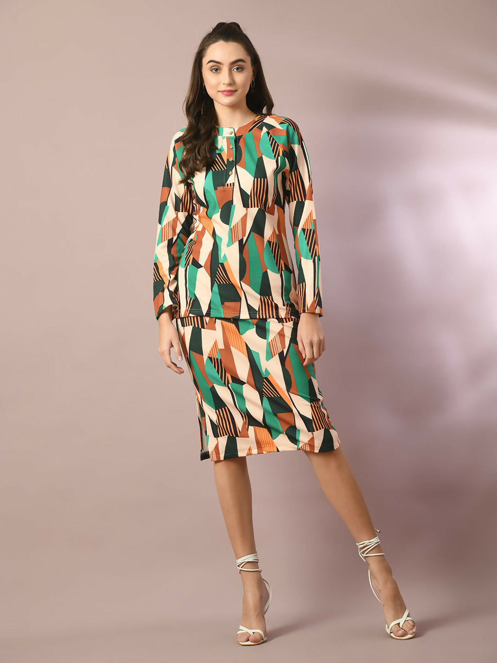 Myshka Women's Multi Printed Round Neck Party Top With Skirt Co-ord set | Grocsy
