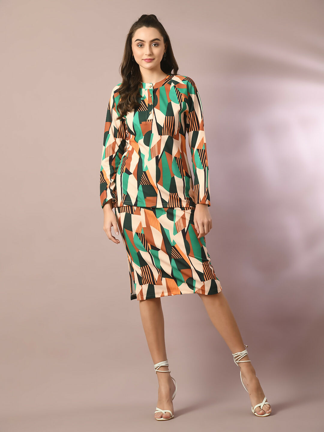 Myshka Women's Multi Printed Round Neck Party Top With Skirt Co-ord set | Grocsy