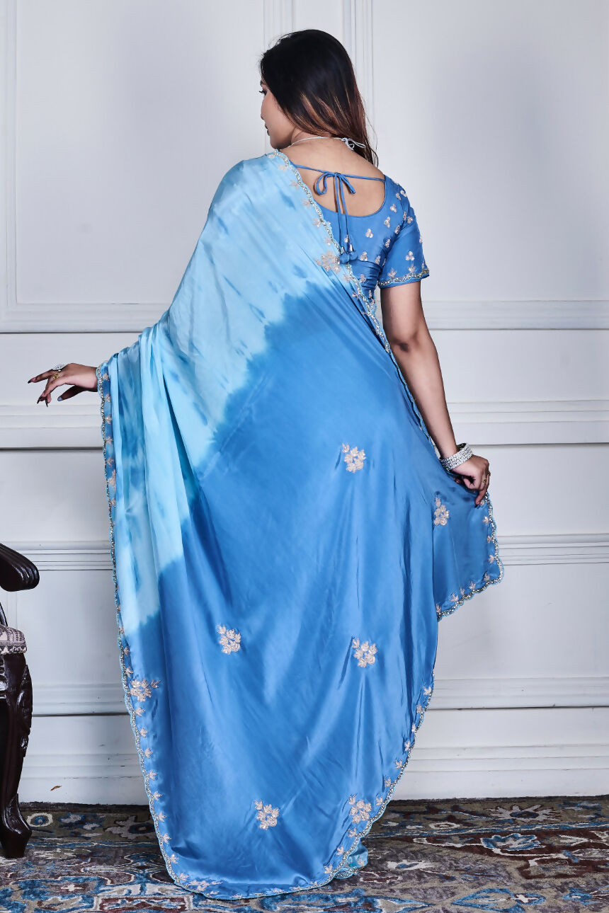 Morchari Sky Blue Crepe Hand Embroidery Saree And Stitched Blouse | Grocsy