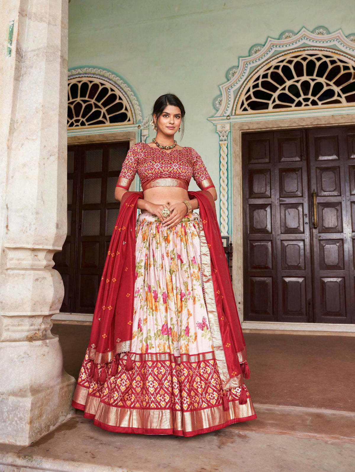 Vastranavya Exquisite Tussar Silk Lehenga Set With Perfect Floral And Patola Print Design Lehenga Choli - Red | Grocsy
