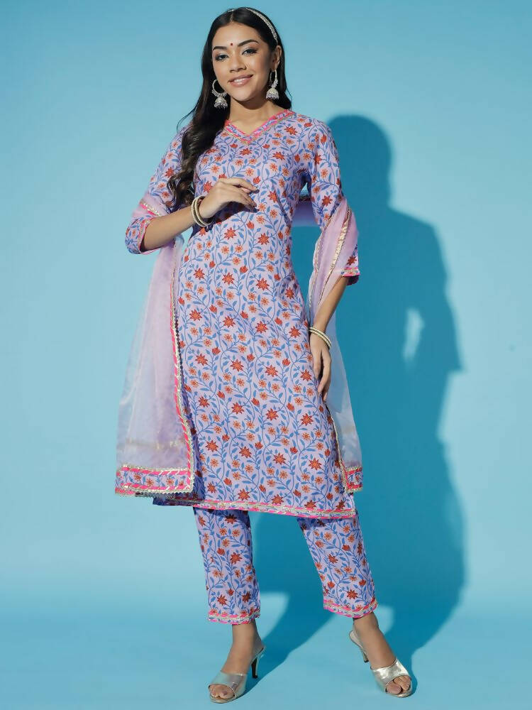 Myshka Women Lavender Printed Kurta & Trousers With Dupatta | Grocsy