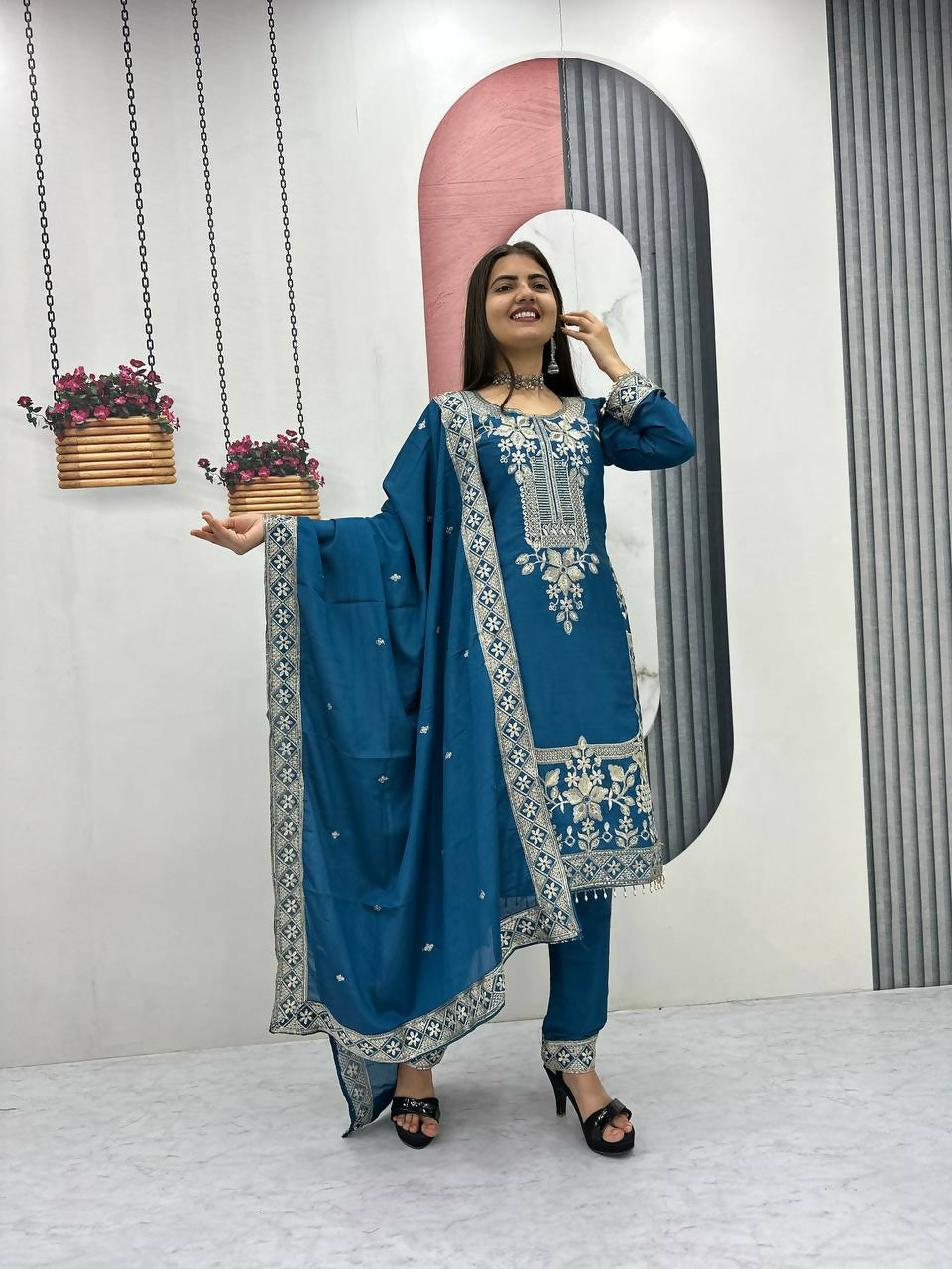 Teeya Creation Womens New Wedding Wear Heavy Embroidery Thread Work Teal Kurta Set | Grocsy