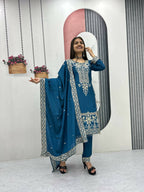 Teeya Creation Womens New Wedding Wear Heavy Embroidery Thread Work Teal Kurta Set | Grocsy