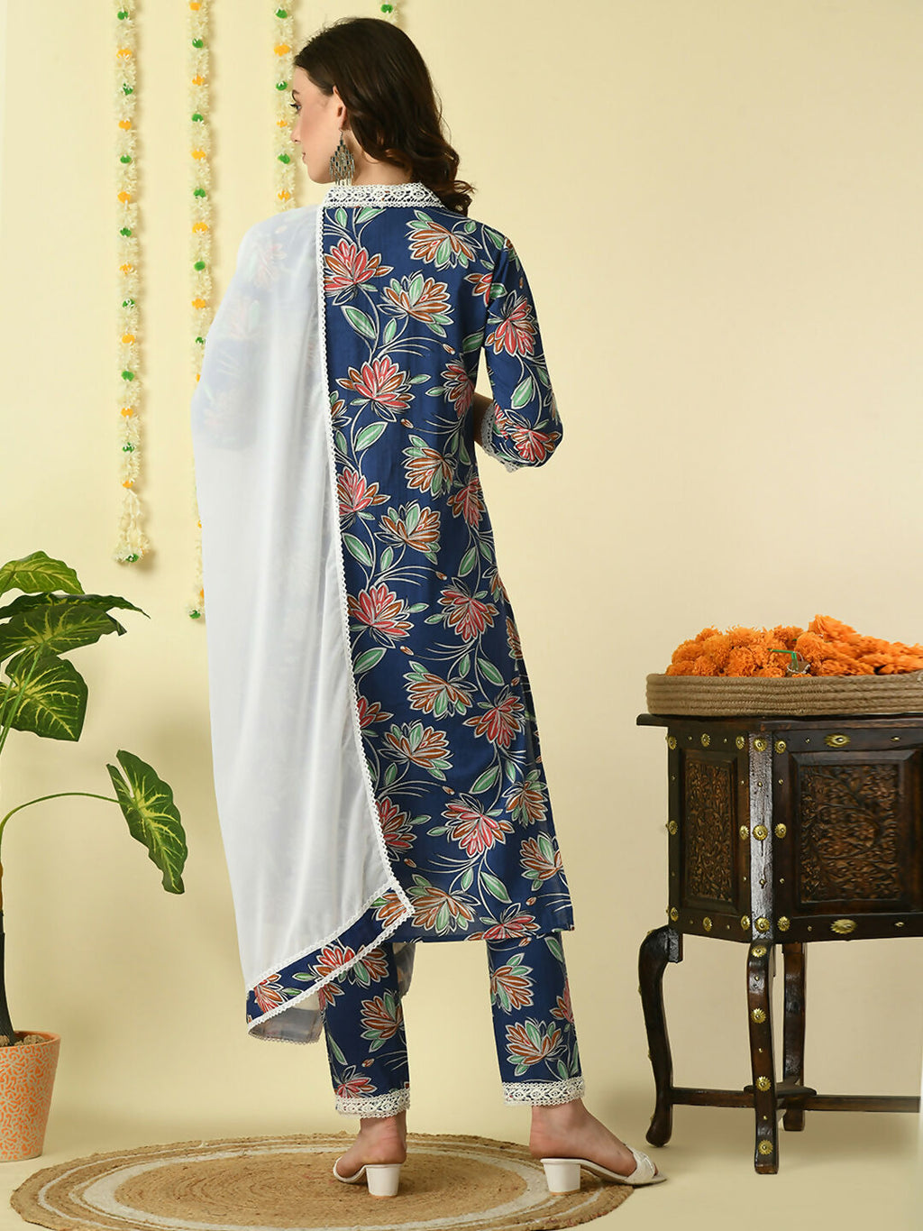 Myshka Women's Blue Pure Cotton Kurta & Trousers With Dupatta Party Sets | Grocsy