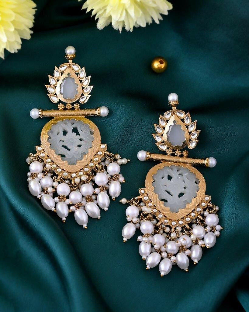 VOJ Gold-Polished White Colour Drop And Dangle Statement Earrings