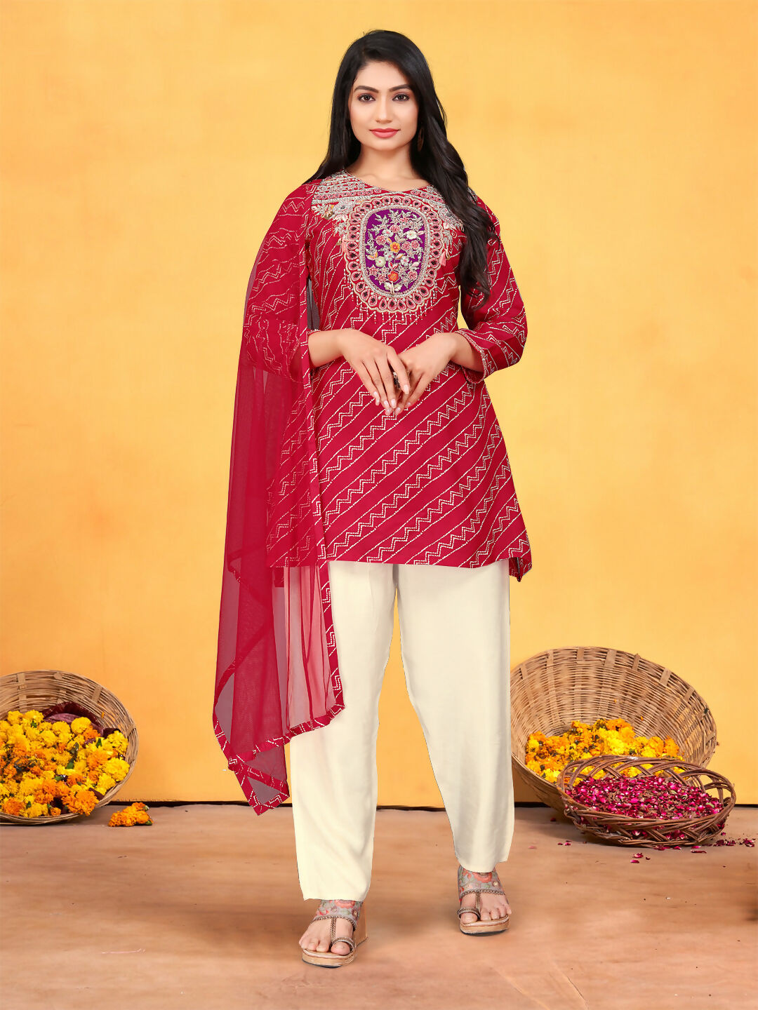 Joban Fashion Red Cotton Premium Pure Viscose Print Dola With Handwork Kurta set | Grocsy