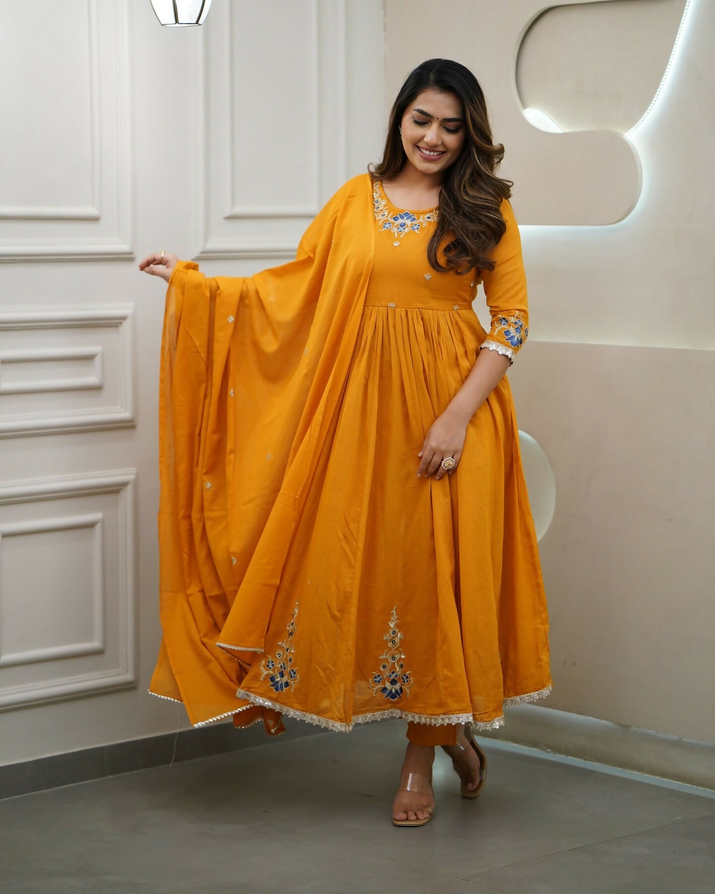The52 Orange Women's Gorgeous Viscose Fabric Embroidered Work Flared Kurta Pant and Dupatta Set | Grocsy