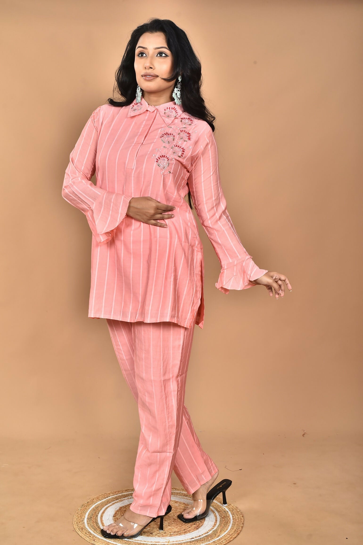 Morchari Women And Hand Embroidery Co-Ords-Peach | Grocsy