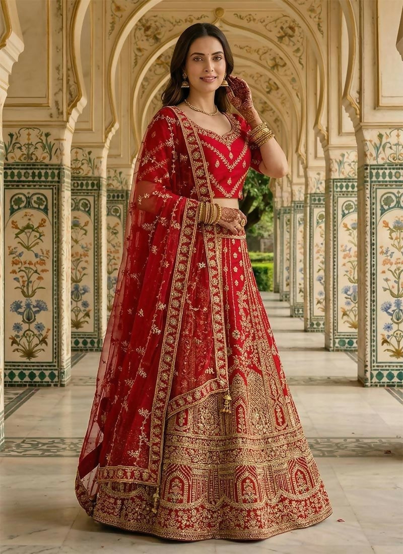 Lehenga Mart Red Heavy Silk With Fusing Designer Bollywood Style Wedding Wear Lehenga Choli | Grocsy