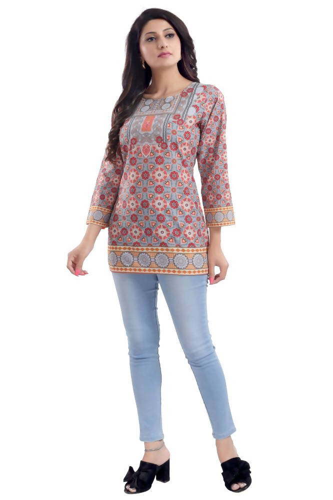 Snehal Creations Ash Gray Faux Crepe Short Kurti Tunic Top | Grocsy