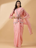 Peach Chiffon Solid Saree with Stitched Blouse & Stone Work Shrug - Dharavi | Grocsy