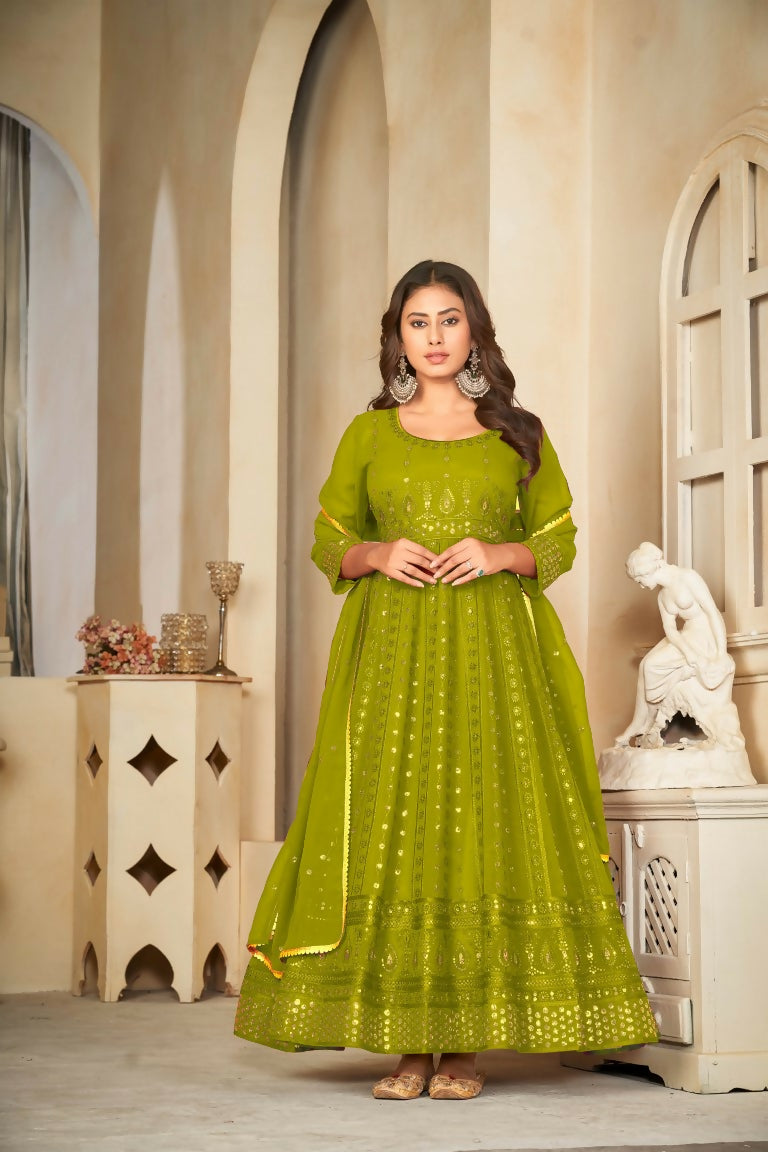 Jyoti Fashion Women's Mehendi Georgette Embroidered Anarkali Kurta Pant Set With Dupatta | Grocsy