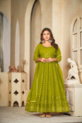 Jyoti Fashion Women's Mehendi Georgette Embroidered Anarkali Kurta Pant Set With Dupatta | Grocsy