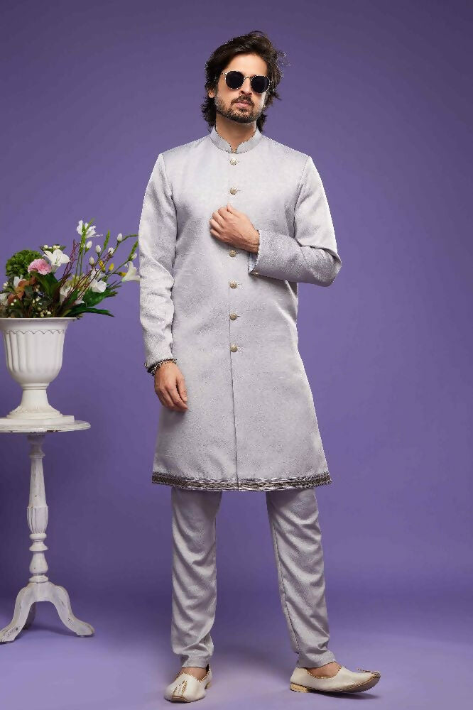 Raivat Ethnic Art Banarasi Silk Thread Work Kurta Pajama In Grey Colour | Grocsy