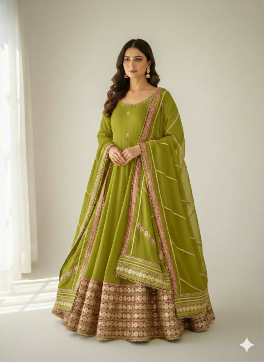 Teeya Creation Womens New Fancy Silk Heavy Quality Fabric With Handwork Light-Green Gown Set | Grocsy