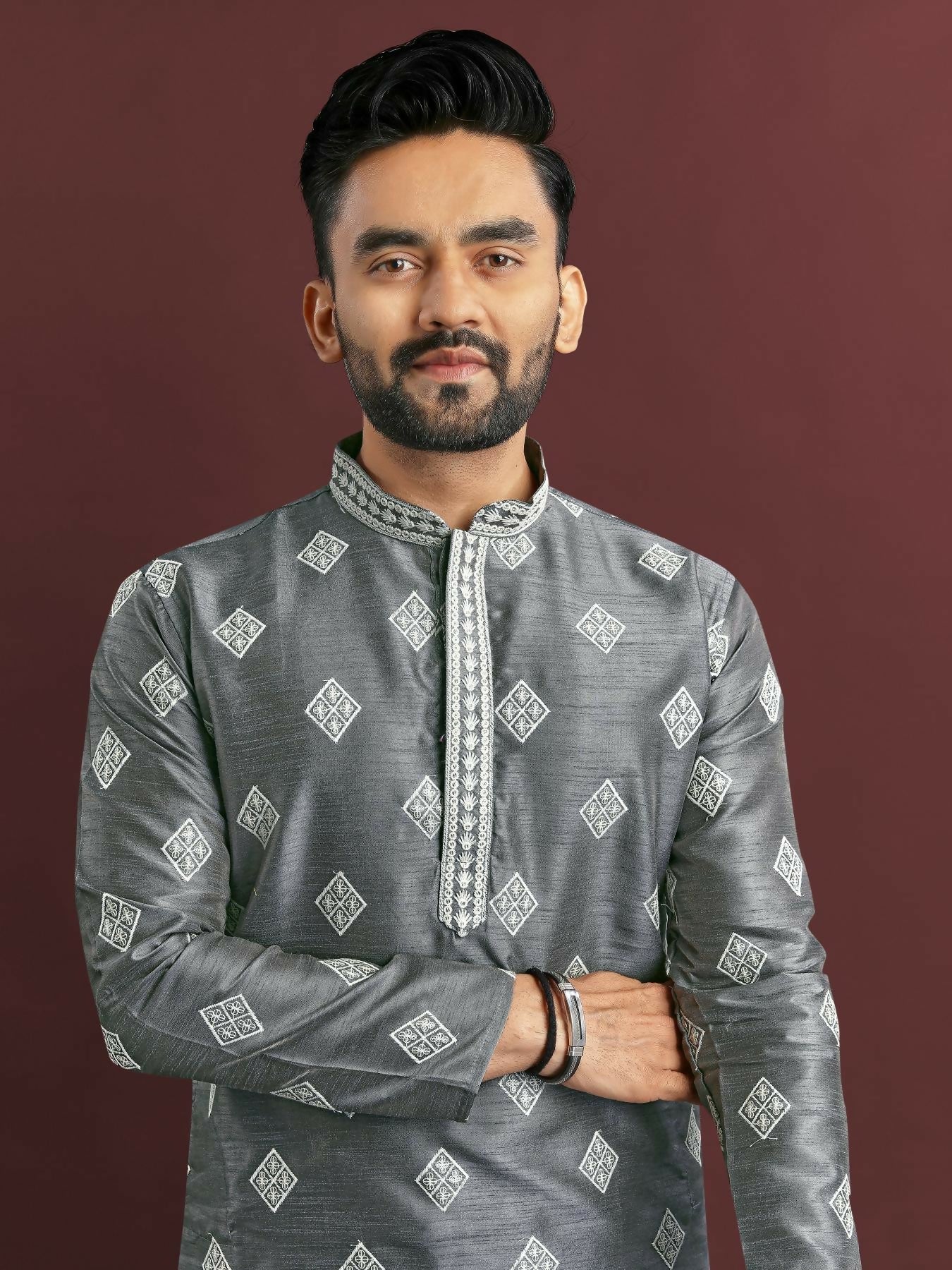 Anaita Grey Embroidered Silk Straight Kurta | Grocsy
