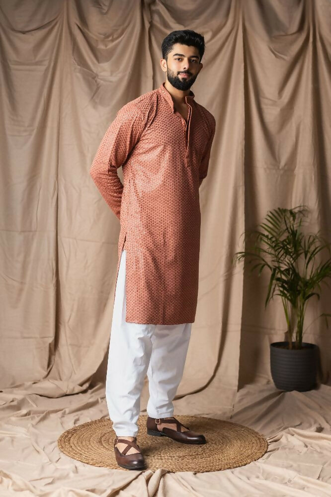 Reddish Orange Rayon Thread Embroidery Work Kurta Set - Mahotsav | Grocsy