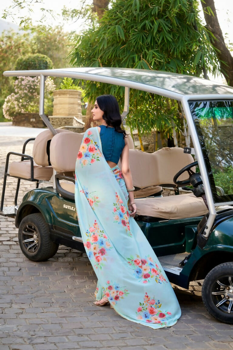 Vastranavya Sea Blue Weightless Marble Printed & Pearl Lace Border Saree with Unstitched Blouse | Grocsy