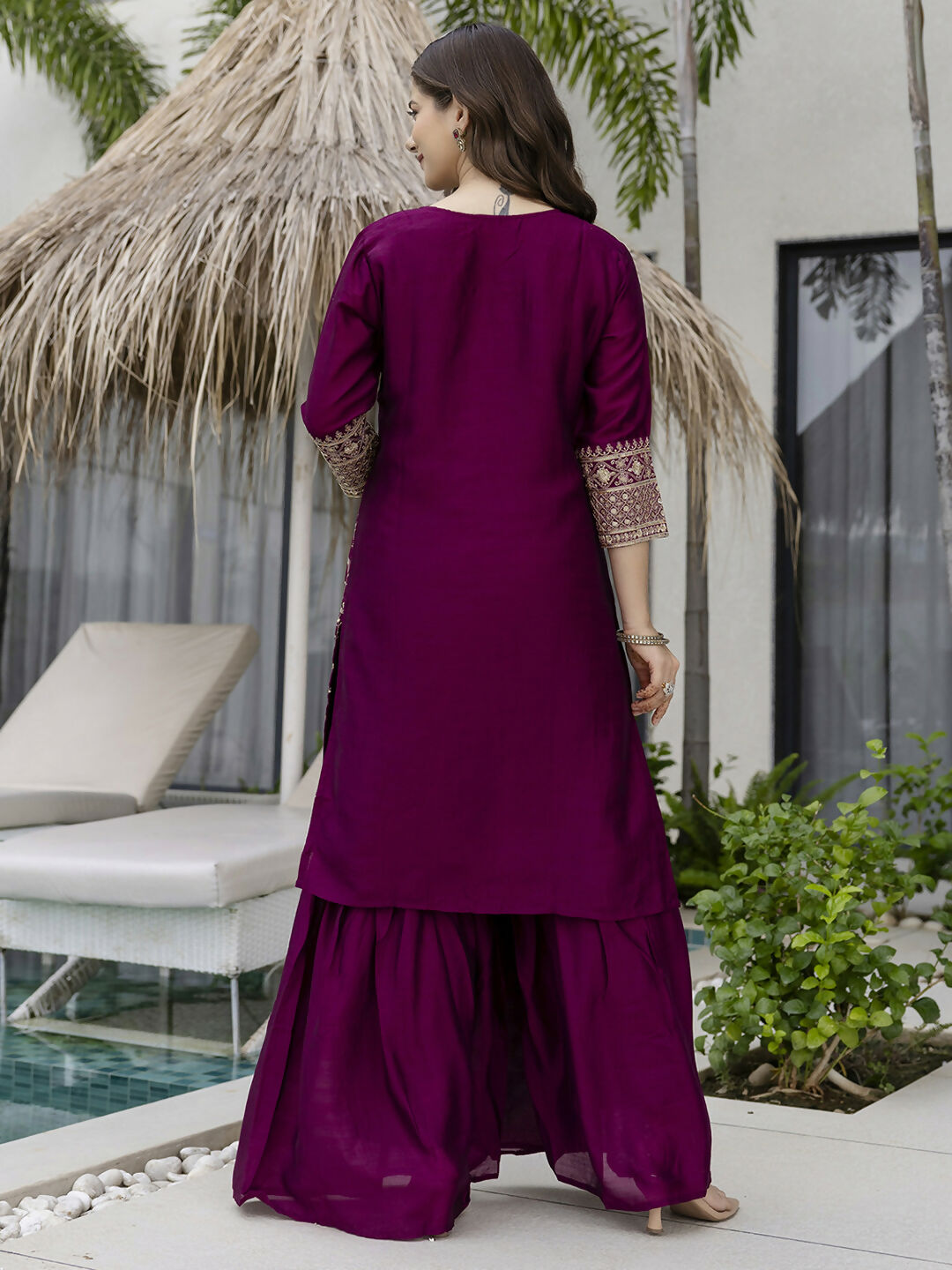 The52 Wine Beautiful Embroidered Vichitra Silk Fabric Straight Kurta, Palazzo and Dupatta Set | Grocsy