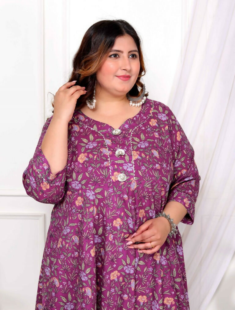 Miravan Women's Plus Size Cotton Gota Patti And Lace Border Details Floral Printed Purple Anarkali Kurta | Grocsy