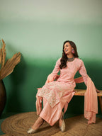 Peach Georgette Handwork Unstitched Dress Material - Hanika | Grocsy